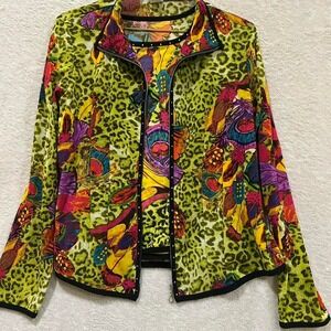 Damee Inc. green leopard print shirt matching zip up jacket set size S/M